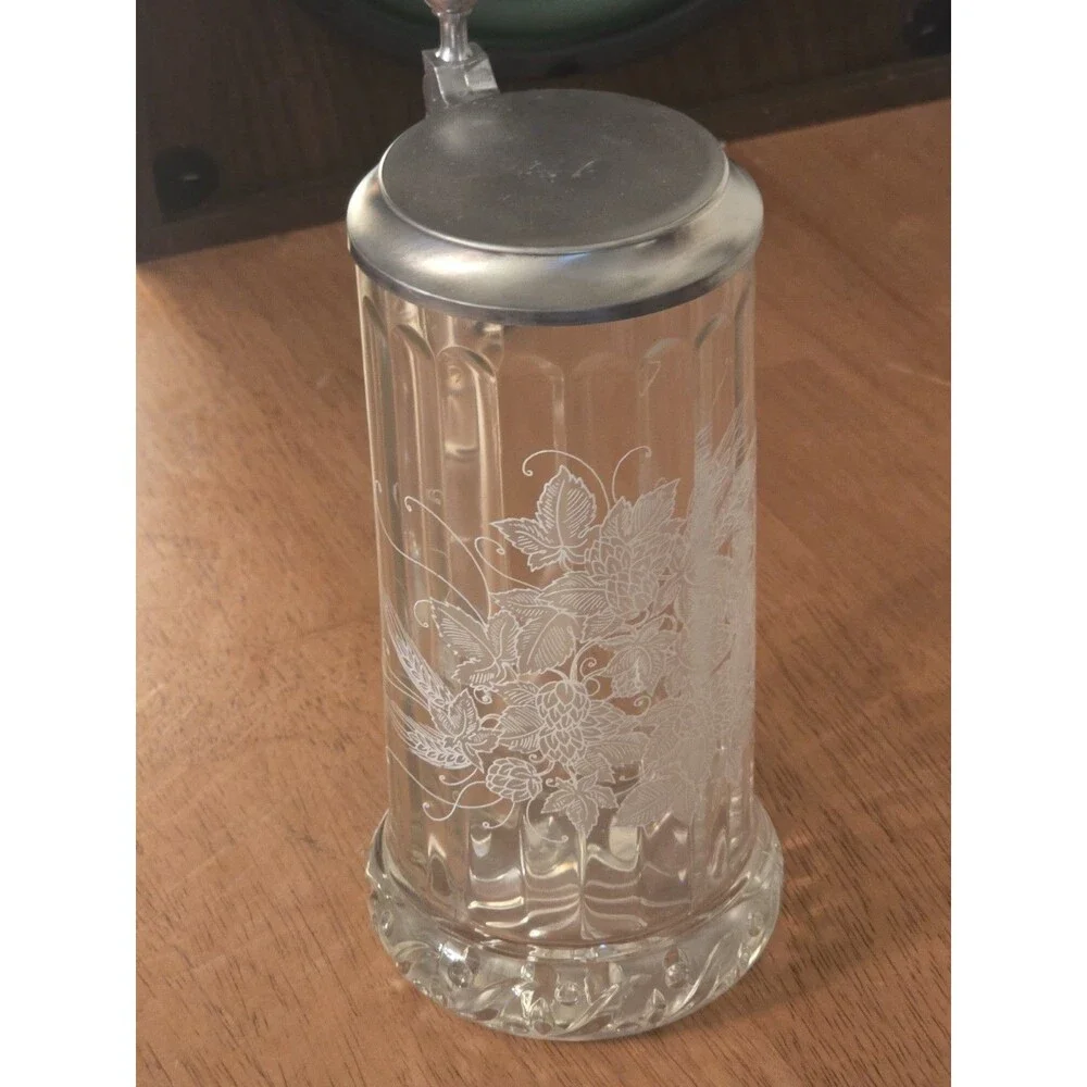 Vintage Rastal West Germany Cut Glass Beer Stein Pewter Lid Etched Hops Wheat...